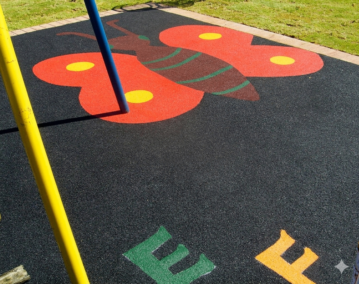 Colourful butterfly motif on black rubber playground surfacing
