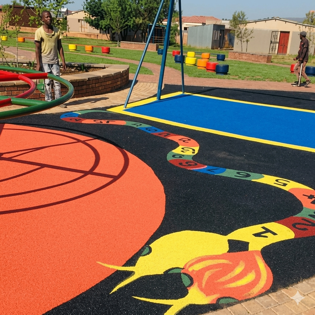 Orange basketball circle hopscotch and blue sport zone