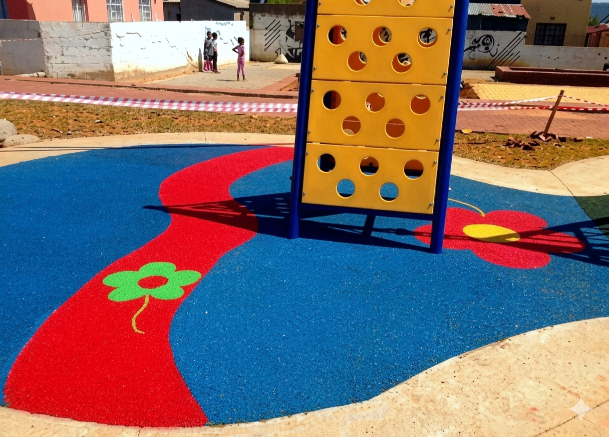 Blue and red rubber play surface with flower motif and climbing frame